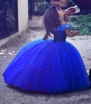Azul Bonito Vestido De Baile Baby Cinderela Vestido Off Ombro Brilho Tule Vestidos Da Menina De Flor Para O Casamento De Meninas De Concurso De Vestidos De