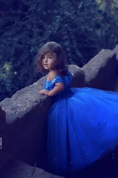 Azul Bonito Vestido De Baile Baby Cinderela Vestido Off Ombro Brilho Tule Vestidos Da Menina De Flor Para O Casamento De Meninas De Concurso De Vestidos De