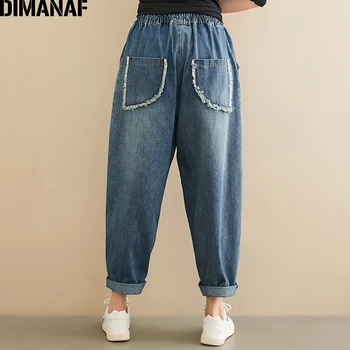 DIMANAF Oversize Outono Inverno Mulheres de Harém Calças Jeans Vintage Calças Pantalones Emendados Feminino Calças Jeans Folgadas Plus Size