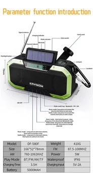 Solar da emergência Manivela Rádio do Tempo de 5000mAh do Banco do Poder do Carregador Flash Ligh Exterior de Emergência de Rádio de Bluetooth alto-Falante