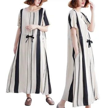 NYFS 2020 Novo vestido de Verão Solto Moda Confortável Listrado mulheres de vestido Longo, Vestidos Manto Vintage tamanho grande Mulheres de vestido