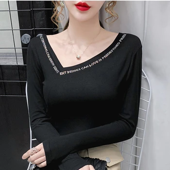 Primavera, Outono Estilo coreano T-Shirt Sexy Inclinação Colar de Diamantes Brilhantes Carta Tops Ropa Mujer Tudo jogo de Algodão Tees 2020 Novas T0N213A