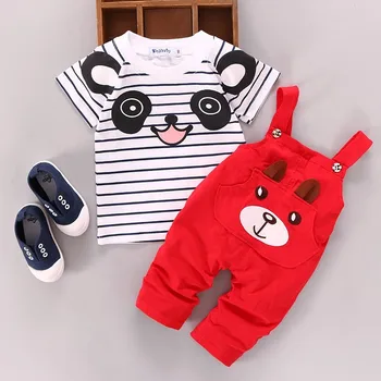 O verão dos Meninos da Criança Conjunto de Roupas de desenhos animados do Panda Bebê Curto T-Shirt de Manga Jardineiras, Calças 2pcs Roupa Crianças Macacão Terno Para 1-4Y
