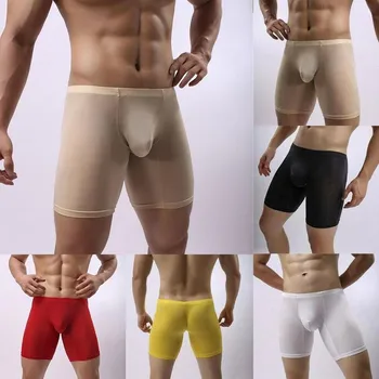 Sexy Homens de Gelo de Seda, roupa interior Longa Perna de Calcinha Transparente Homens Cuecas Boxer Respirável Boxers Shorts