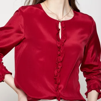 SuyaDream Mulheres Blusa de Seda REAL de SEDA, CREPE Sólido O Pescoço Mangas compridas Blusas 2020 Primavera de Vinho Chique Camisa