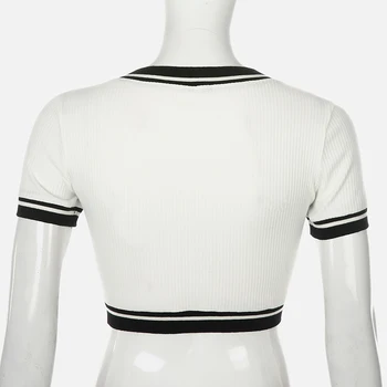 IAMSURE 2020 Verão de Retalhos de Pescoço de V Slim Roupas com Nervuras T-Shirt Para as Mulheres coreano Estilo Casual Básico Feminino Crop Tops Camisa