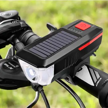 Solar e USB Recarregável de Bicicleta Farol de Moto Luz Frontal Impermeável Buzina, Luzes de Bicicleta de Ciclismo Lanterna Acessórios da Bicicleta