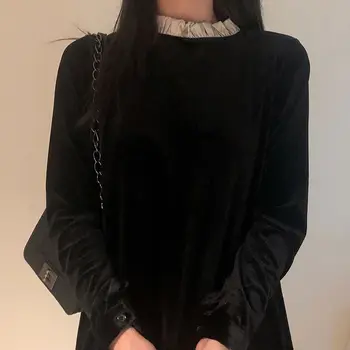 Babados vestido da boneca do inverno das mulheres, mini vestido básico casual bonito meninas doce laço plissado vestido preto com um design Elegante 8823
