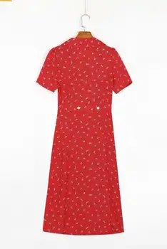Moda verão vermelho vestido de manga curta com botões de folhas chique estampa floral praia midi v-neck vestido de mulher femme vestidos dropshipping