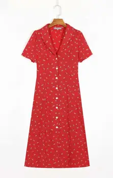 Moda verão vermelho vestido de manga curta com botões de folhas chique estampa floral praia midi v-neck vestido de mulher femme vestidos dropshipping