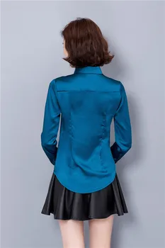 2019 novo Tucunaré azul de Cetim Shirt Mulher manga comprida de seda, Blusas de trabalho das mulheres desgaste uniforme office camisa de corpo simples Chiffon topo