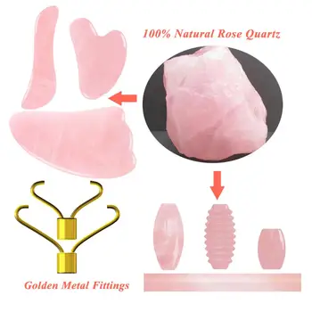 Quartzo rosa Rolo de Gua Sha Conjunto de Placa para Massagem Facial Lifting facial Pedra Natural Guache Raspador de Rolo de Pele do Rosto Ferramentas de Cuidados