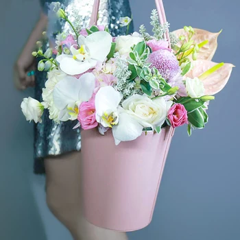 Portátil Couro Caixa de Presente Florista Flores Embalagem Caixa com Alça Arranjo de Flor Floral Balde de Caixas de Presente do Dia dos Namorados