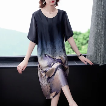 Verão impressão de seda vestido novo retro impressão de manga curta vestido longo de grande tamanho solta elegante conforto