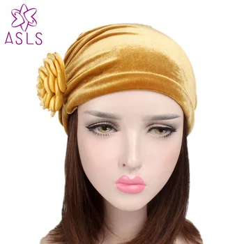 2017 Novo de Veludo luxo, mulheres de Turbante com Estéreo flor dobras pingente hijab muçulmano quebra cabeça para senhoras caps