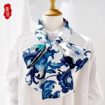 Chinês clássico azul e branco natural lenço de seda para as mulheres reais seda de alta qualidade a longo envoltório de xale e lenço de presente para a senhora