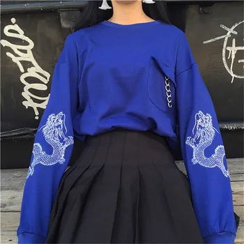 Harajuku Dragão Bordado De Azul Com Capuz Mulheres Moletom Preto Solto Pulôver De Treino De Punk Rock Corrente De Metal Gótico Streetwear