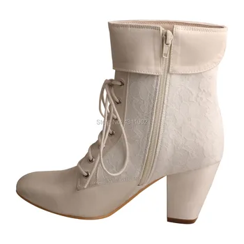 Artesanais personalizados Bloco de Calcanhar Botas de Noiva Marfim Vitoriana Lace up Boots para o Casamento