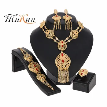 Africana Conjuntos de Jóias de Ouro de Dubai Mulheres de Ouro Conjuntos de Jóias Colar, Bracelete, Brincos de Luxo Birr de Jóias para Casamento
