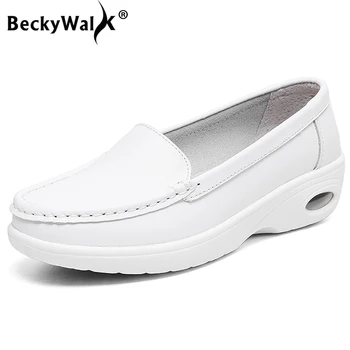 BeckyWalk Primavera Mulheres Brancas Sapatos Confortáveis Cunha Sapatas das Mulheres de Couro Genuíno sexo Feminino Sapatos Sapatos de Senhora zapatos mujer WSH2735