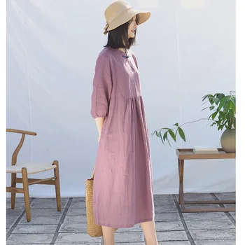 SCUWLINEN Vestidos 2020 Primavera, Verão, as Mulheres se vestem Sólido Vintage Solta Placa de Botão de Manga Três Quarto Rami Vestido em Algodão com S1041
