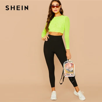 SHEIN Preto Sólido Malha Canelada Skinny Básica Leggings Mulheres Fundos de 2019 Outono Active Wear Elástico Cortada Calças Casuais