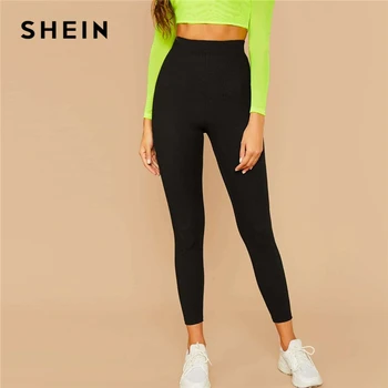 SHEIN Preto Sólido Malha Canelada Skinny Básica Leggings Mulheres Fundos de 2019 Outono Active Wear Elástico Cortada Calças Casuais