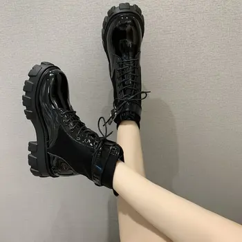 2020 Sapatos da Moda, Mulher Lace-Up Grossas Botas de Dedo do pé Redondo Sapatos de Fivela Fêmea Plataforma PU de Couro Quente Tornozelo Botas de Salto Alto