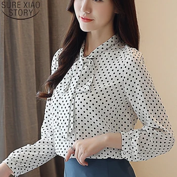 2021 Outono Nova-Coreano Camisas De Chiffon Mulheres Cardigan Tops Da Moda Laço Frouxo De Manga Longa De Bolinhas Casual Blusa Blusas 10642