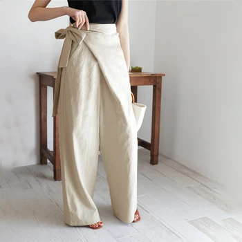 5XL Mulheres Elegantes Sólido Calças Celmia 2021 Moda Cintura Alta Bandage Assimétrica Solta a Perna Larga Calças Vintage de Linho Pantalon 7