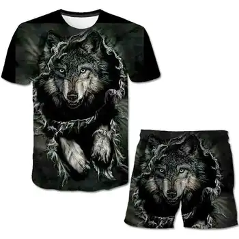2020 Verão quente da venda O Lobo Crianças Meninos T-shirt+calça curta, Roupas de Verão 4-14 Anos de idade as Crianças Menino animal roupas terno