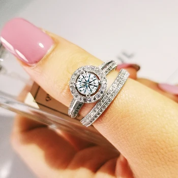 2020 luxo novo halo prata 925 esterlina, anel de casamento definida para as mulheres-dama presente de aniversário de jóias em massa vender moonso R5140