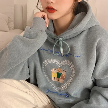 4 cores 2020 outono e inverno coreano estilo cartoon bordado thicking hoodies mulheres camisolas e 