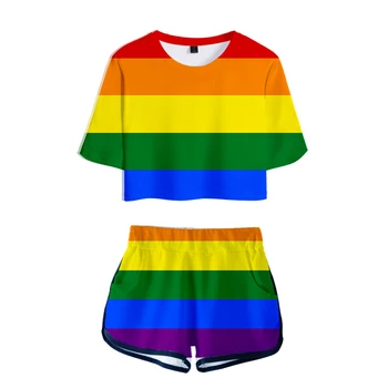 Lgbt Amor Gay Lésbica Impressão De Arco-Íris De Duas Peças De Conjunto De Harajuku Roupas De Verão Para As Mulheres 2 Peças De Roupas Biker Shorts De Treino De Mulheres