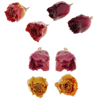 8 Pcs Real Flor de Encantos Misto de Cor Natural de Rosa Secas Pingentes com Anel de Suspensão para Brinco de Fazer Descobertas Artesanato