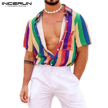 Colorido Listrado Camisa de Homens 2021 Manga Curta Lapela Streetwear Blusa de Moda Casual Soltas de Praia Havaiana Camisas de Verão INCERUN