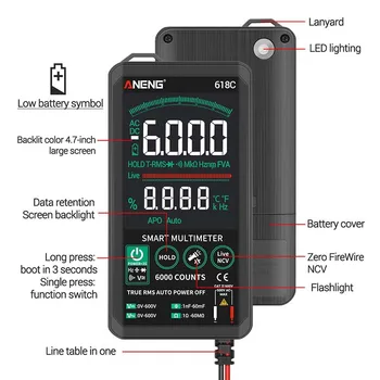 ANENG 618C Multímetro Digital Smart Touch DC Bar Analógico True RMS Auto Testador Profissional Capacitor NCV Testadores Medidor