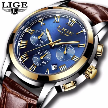 LIGE Relógio Masculino Homens Relógios de Luxo Famosa Marca de Moda masculina Casual, Vestido de Couro Relógio Militar de Quartzo de Pulso