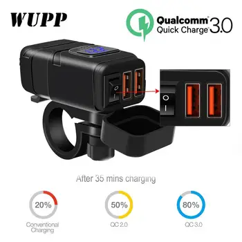 WUPP Motocicleta-Veículo-Carregador montado Impermeável USB Adaptador de 12V Telefone Dual Carga Rápida 3.0 Voltímetro Interruptor de Moto Acessório