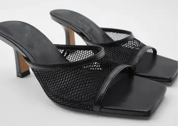 SOUTHLAND alta calcanhar sapatos mule mulheres inglaterra moda simples dedo do pé quadrado preto gaze sandálias sandálias das mulheres sapatos de mulher mulheres