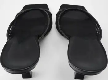 SOUTHLAND alta calcanhar sapatos mule mulheres inglaterra moda simples dedo do pé quadrado preto gaze sandálias sandálias das mulheres sapatos de mulher mulheres