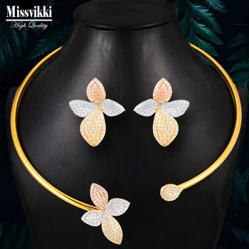 Missvikki Brilhante Elegantes Flores Micro Pave CZ Colar de grupos do Brinco de Luxo de Noiva Conjunto de Jóias Para as Mulheres de Alta Qualidade