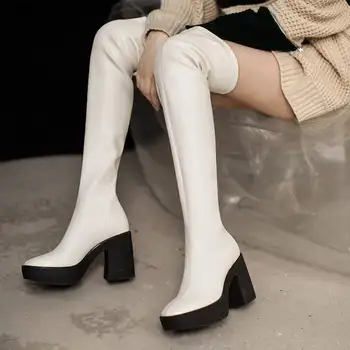 Confortável, macio de microfibra couro redondo toe plataforma coxa botas altas esticar o zíper do vestido de inverno fresco d-o-joelho botas L30