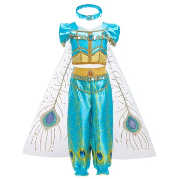 Meninas Jasmine Dress Up Roupas De Crianças Festa De Carnaval Fantasia De Crianças Aladdin Azul Verde Princesa Fantasia De Cosplay De Halloween Vestidos