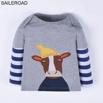 SAILEROAD Animal Vaca Bordado Menino de Manga comprida T-Shirts Outono Criança Infantil Superior Tee Roupas de Algodão Camiseta Real De 2020