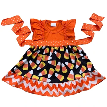 RTS de Férias bebê menina roupas de halloween dress criança pequena pérola candycorn de impressão cor de laranja diariamente vestido