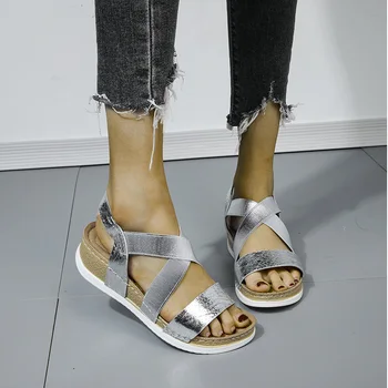 Mulheres de Sandálias de Cunha Elástica de PU Ouro Casuais Sapatos de Verão das Mulheres, Plataforma de Sandálias de Senhoras Roma Aberto Toe Feminino Plus Size