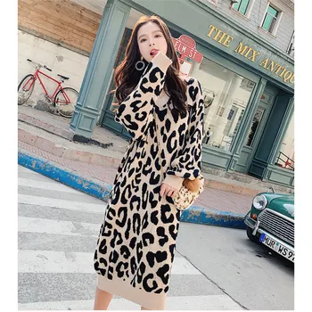 Cashmere Plus Size Longo Leopard Vestido De Camisola De Manga Longa, Decote Em V Estampa De Leopardo Solta De Vestido De 2019 Outono Inverno Mulheres Vestidos