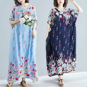 O algodão acetinado vintage floral mulheres plus size casual solta maxi longa sol de verão vestido de roupas elegantes 2021 senhoras vestidos sundress