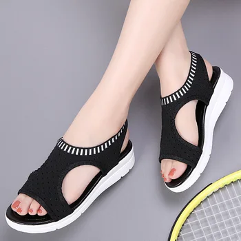 Verão Mulheres Novas Sandálias Casuais Escorregar no Respirável Sandálias de Cunha de Moda do Peep Toe de Malha Confortável Plataforma Sapatos Femininos